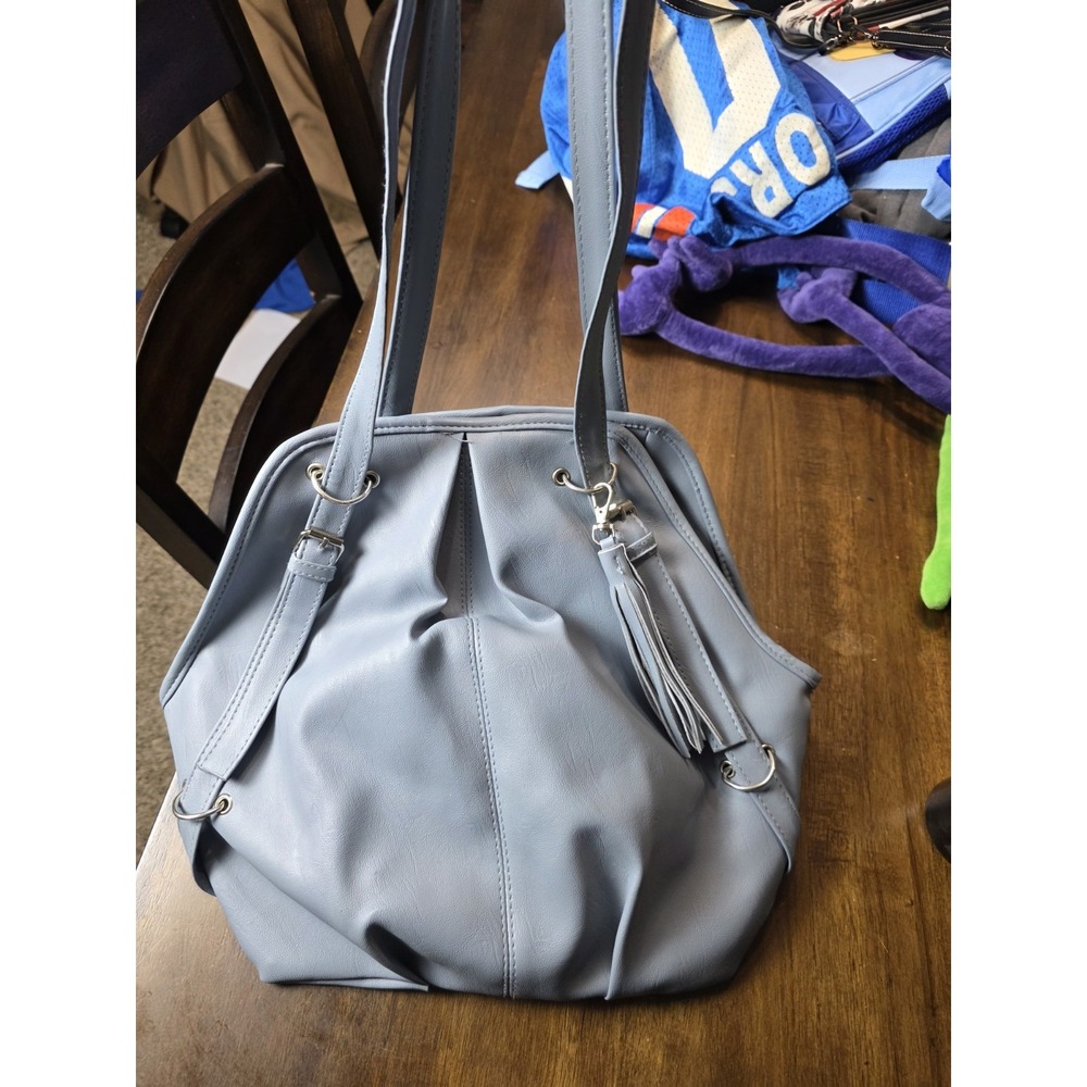 Light Blue Faux Leather Shoulder Tote Bag Purse Tassel Large Handbag